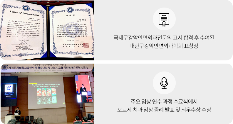 국제구강악안면외과전문의 고시 합격 후 수여된 대한구강악안면외과학회 표창장, 서울대학교 치의학대학원 교육연수원 고급치의학과정 수료식에서  뼈이식 임플란트 발표