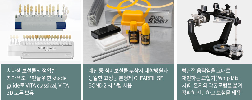 치아색 보철물의 정확한 치아색조 구현을 위한 shade guide로 VITA classical, VITA 3D 모두 보유 / 레진 등 심미보철물 부착시 대학병원과 동일한 고성능 본딩제 CLEARFIL SE BOND 2 시스템 사용 / 턱관절 움직임을 그대로 재현하는 교합기(Whip Mix 사)에 환자의 악궁모형을 옮겨 정확히 진단하고 보철물 제작