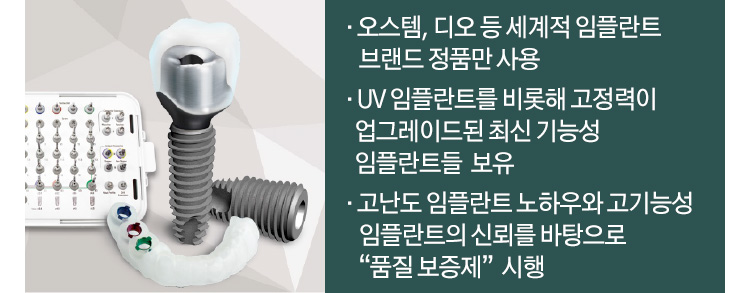 ·오스템, 디오 등 세계적 임플란트 브랜드 정품만 사용 / · UV 임플란트를 비롯해 고정력이 업그레이드된 최신 기능성 임플란트들 보유 / · 고난도 임플란트 노하우와 고기능성 임플란트의 신뢰를 바탕으로 “품질 보증제” 시행
