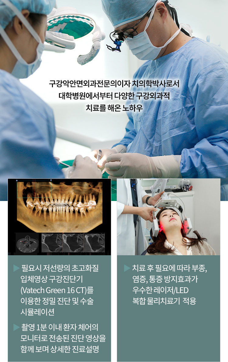▶ 필요시 저선량의 초고화질 입체영상 구강진단기(Vatech Green 16 CT)를 이용한 정밀 진단 및 수술 시뮬레이션 / ▶ 촬영 1분 이내 환자 체어의 모니터로 전송된 진단 영상을 함께 보며 상세한 진료설명 / ▶ 치료 후 필요에 따라 부종, 염증, 통증 방지효과가 우수한 레이저/LED 복합 물리치료기 적용