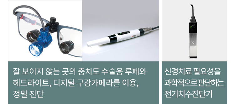 잘 보이지 않는 곳의 충치도 수술용 루페와 헤드라이트, 디지털 구강카메라를 이용, 정밀 진단 / 신경치료 필요성을 과학적으로 판단하는 전기치수진단기